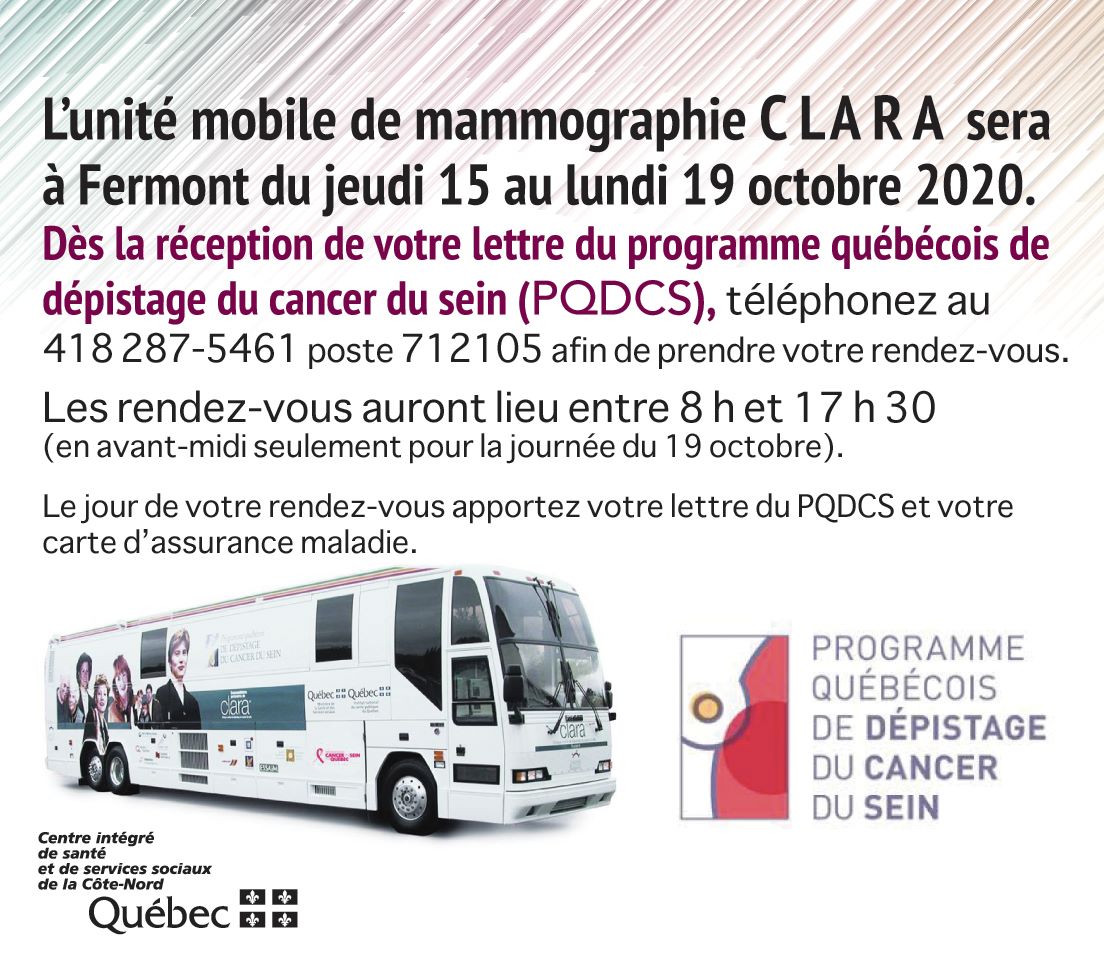 Description de la venue de l'unité mobile CLARA. Poster de publicité, image de l'autobus qui sert d'unité