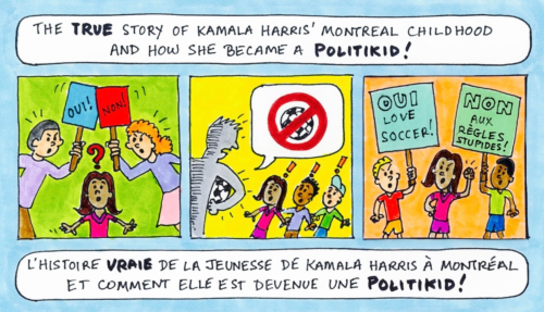 Trois imanges de bande dessinée montre une interdiction de jouer au soccer pour la jeune Kamala et ses amis.