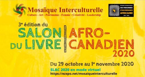 Affiche du Salon du livre afro-canadien sur fond jaune et utilisation de couleurs vives rouge et vert.