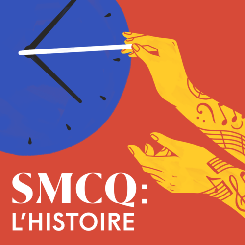 Affiche du balado de la SMCQ horloge en bleue avec deux mains tatouées de notes de musique dont une tient une baguette blanche 