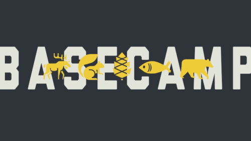 Dark grey background with light grey text overtop that says basecamp. Yellow images of northern animals overtop.