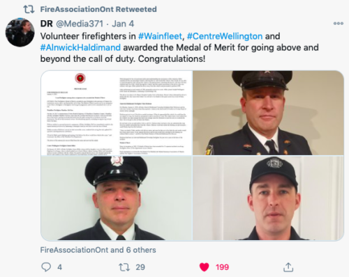 The Fire Fighters Association of Ontario sent out a tweet about those awarded the Firefighter's Medal of Merit. 