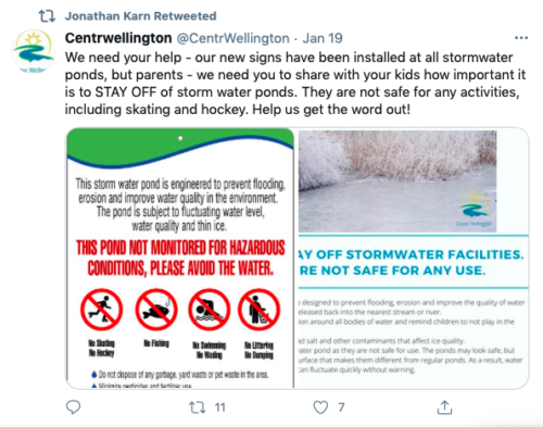 A recent tweet from Centre Wellington Deputy Fire Chief, Jonathan Karn, warning residents to stay off stormwater ponds.
