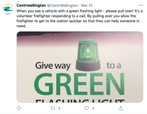 A screenshot of the tweet from the official Township of Centre Wellington account on March 12 featuring a short bit of text and a green flashing light graphic
