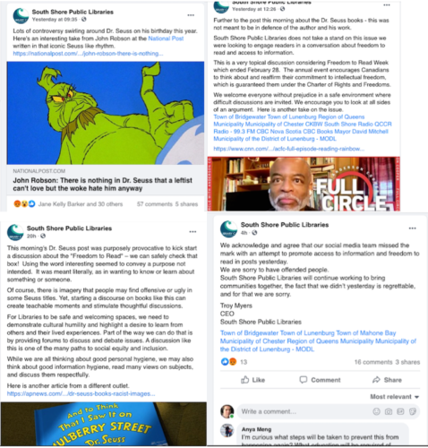 Screen shots of South Shore Public Libraries Facebook posts