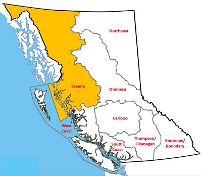 a 2 dimensional map of British Columbia showing the area of Skeena