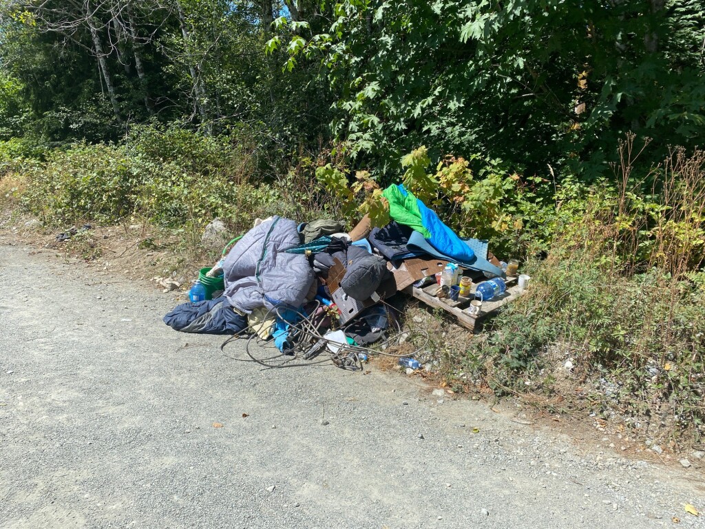 Sleeping bags and other personal possesions piled by the side of the road near a forest 