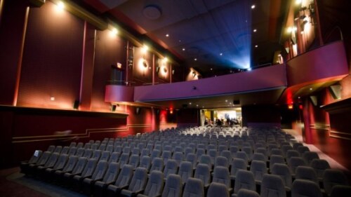 Inside seats of a movie theatre.