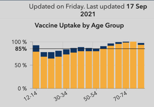 Tableau montrant les taux de vaccination par rapport aux tranches d'âges, on voit que les 12-15 ans sont plus de 80% a être vaccinés, il en est de même à partir de 29ans jusque 90 ans, mais entre les deux les chiffes dépassent à peine les 60%.