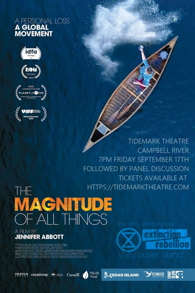 A blue and white poster for the Magnitude of All Things showing a woman in a boat from an aerial view