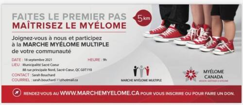 Affiche blanche, grise et rouge avec une paire de chaussures rouges pour inviter la population à la marche de 5 km samedi le 18 septembre prochain 9h à la municipalité de Sacré-Coeur.