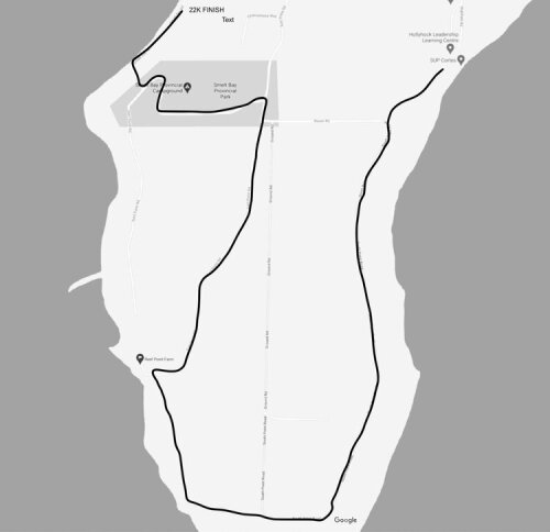 Map showing the final stretch of Cortes Island's Half Marathon