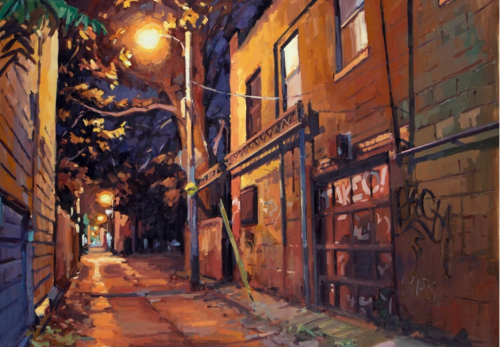 Various shades of yellows and oranges in a painting showing an alleyway passing.
