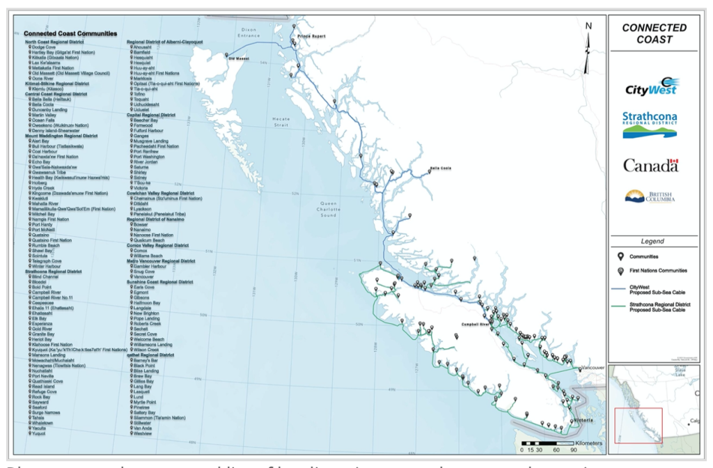 A map of Canada's west coast shows planned locations of subsea fibre-optic internet cable.