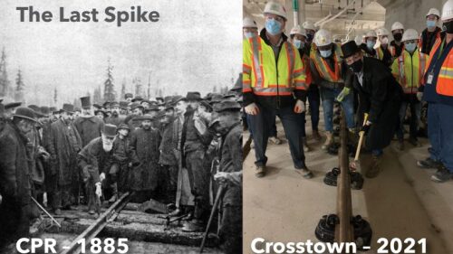 A black and white photo on the left and a new one on the right. Both photos show two men hitting a rail.