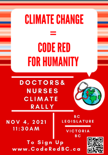 A red poster for Code Red For Humanity with information written on it about the rally and with a graphic of a globe wearing a stethoscope.