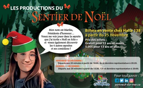 Affiche pour le sentier de Noël de Portneuf-sur-Mer avec une image dessinée de Marika Jean portant une tuque de Noël. Les informations de la vente des billets et des départs prévus pour le parcours sont également sur l'affiche.
