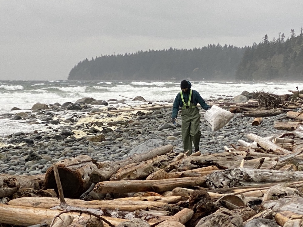 A person wearing waterproof pants walks on a rocky beach holding a collection bag. 