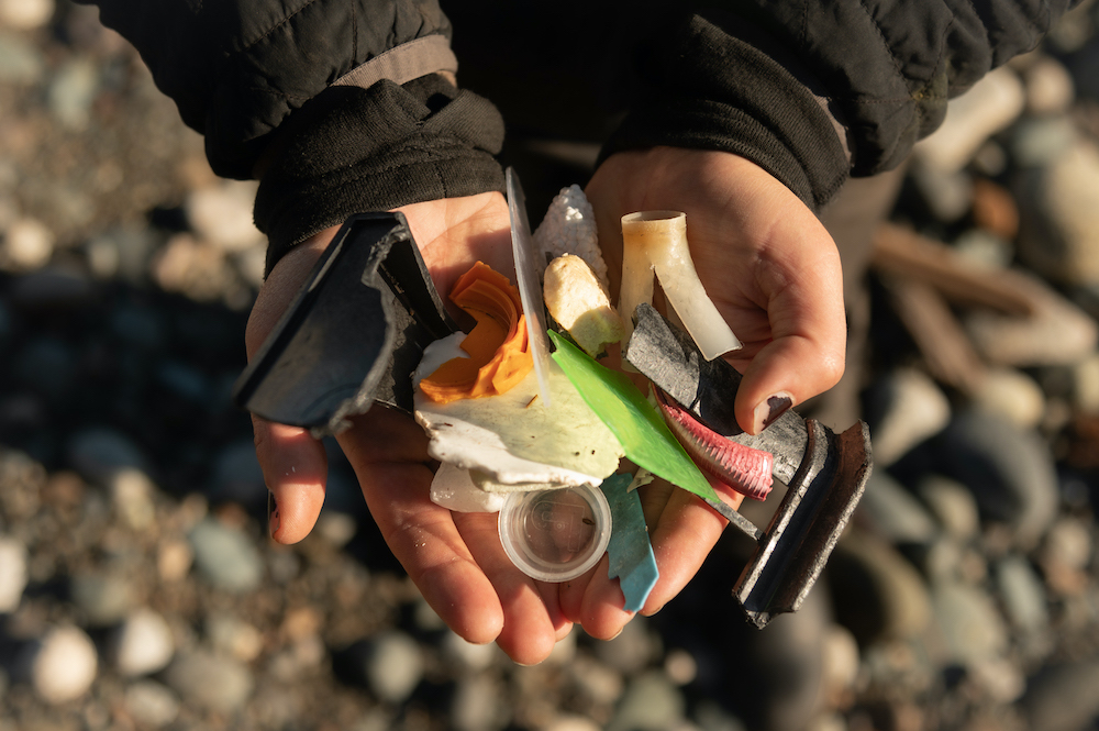 Two hands hold a selection of plastic debris recovered from the seashore.