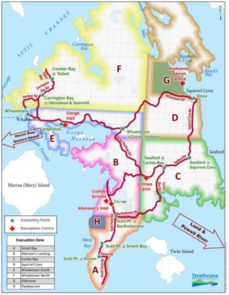 A colour-coded map shows zones of evacuation for Cortes Island.