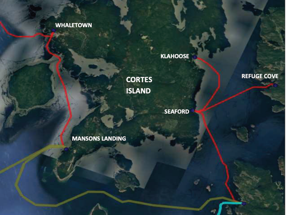 A map shows Cortes Island with its communities and lines representing future subsea fibre optic cable connecting to them.