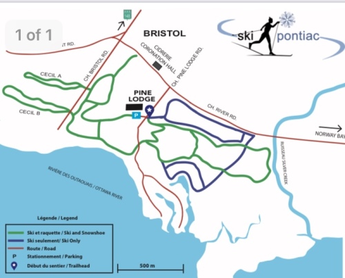 A map of Ski Pontiac's trails with a legend in the left corner.