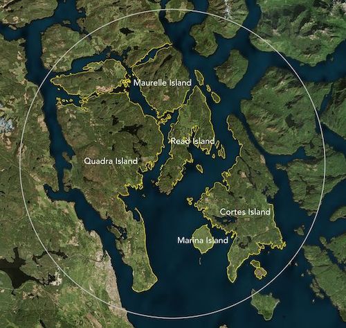 A digital map shows dark blue water channels around different sized islands. 