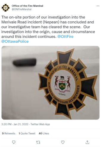 A screenshot of a Tweet that reads, "The on-site portion of our investigation into the Merivale Road incident (Nepean) has concluded and our investigative team has cleared the scene. Our investigation into the origin, cause and circumstance around this incident continues." There is a picture of the side of a white car with a black fire marshal logo.