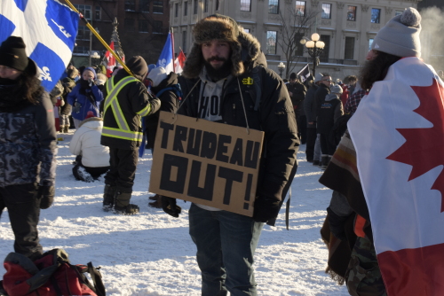 A man is seen holding a sign reading, "Trudeau Out!" in front of parliament on a winter's day.