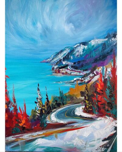 Une peinture aux couleurs vives démontrant une route à travers les montagnes en hiver.