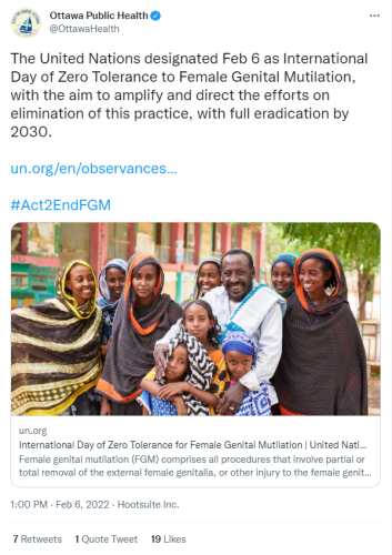 A screencap of a Tweet from Ottawa Public Health that reads: The United Nations designated Feb 6 as International Day of Zero Tolerance to Female Genital Mutilation, with the aim to amplify and direct the efforts on elimination of this practice, with full eradication by 2030. 