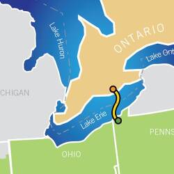 A physical map is shown of Lake Erie and its surrounding area. A yellow Line demonstrates where the pipeline will be running through Lake Erie
