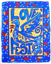 A blue, yellow and red colored poster featuring a bird announces the Lovefest music festival.
