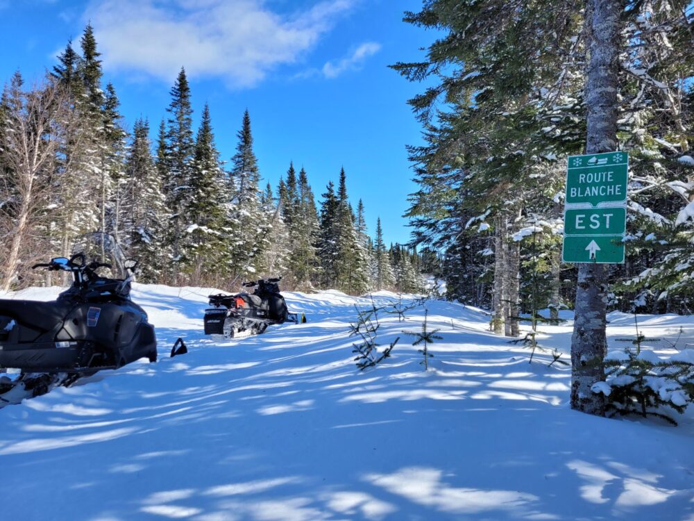 Deux motoneiges sur un sentier boisé à côté d'un panneau vert indiquant la Route blanche, vers l'Est.