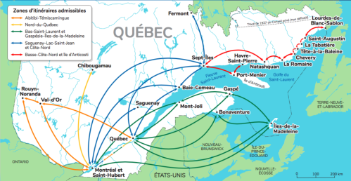 Une carte du Québec avec des lignes de différentes couleurs liant divers aéroports nationaux et régionaux.