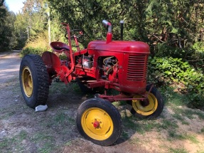 A large red and yellow 1950's tractor sits in a rural location with green coniferous trees in the background.