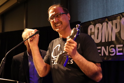 Image shows Edmonton Mayor Amarjeet Sohi holding JUNO Award (Photo Credit Daniel Barker-Tremblay)