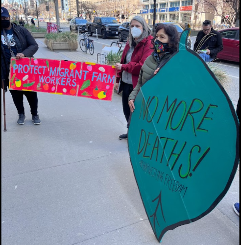 Three people hold up two signs: one the left is a bright orange one with blue text and drawings of yellow produce. On the right, a woman holds a green sign in the shape of leaf with black text written on it.