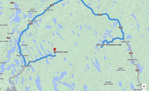 Map showing the distance between South Horseshoe Lake and Rushy Lake