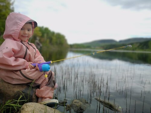 Un jeune enfant avec une canne à pêche a côté d'un lac.