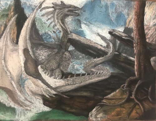 A painting of a white dragon in a forest. There are mountains in the background.