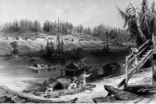 A black and white depiction of the Chats Falls region of the Ottawa River.