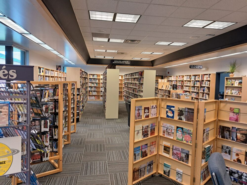 Intérieur d'une bibliothèque où l'on voit des livres, des DVD et plusieurs magasines