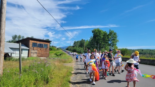 A parade of people holding rainbow flags walk down a hill followed by cars in the distance