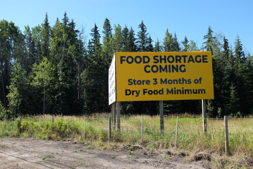 A yellow billboard states "food shortage coming store 3 months of dry food minimum." There is forest behind the sign.