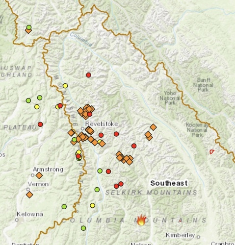 A map of southeast B.C. with dots that indicate wildfires.