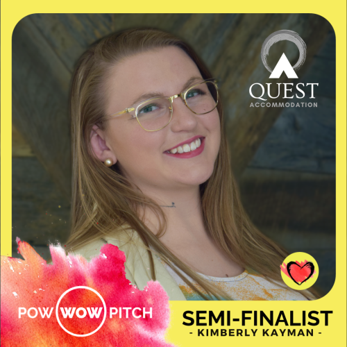 A headshot of a woman is seen with a bright yellow frame around it. There is a pink and red logo in the corner for "Pow Wow Pitch."