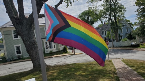 A multicoloured flag celebrating Pride flies on a flagpole