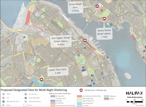 photo of A map of the proposed tent sites for multi-night sheltering in HRM parks. 
