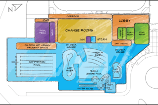 Un plan provisoire du centre aquatique, avec les différentes installations réparties sur l'ensemble de l'espace prévu pour le projet.